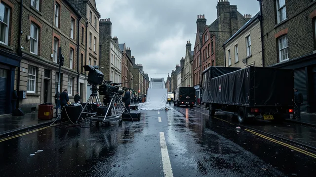 Imagem gerada por IA: Equipamentos de filmagem em uma rua londrina vazia durante uma pausa na produção.