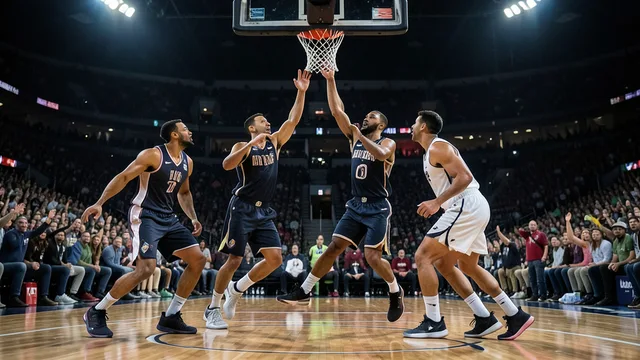 Imagem gerada por IA: Jogadores disputam uma bola perto da cesta em uma partida de basquete.