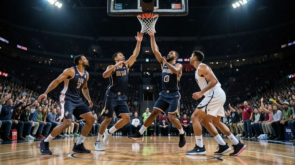 Imagem gerada por IA: Jogadores disputam uma bola perto da cesta em uma partida de basquete.