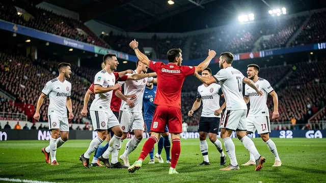 Imagem gerada por IA: Jogadores com uniformes vermelhos comemoram um gol diante de adversários em um estádio lotado.
