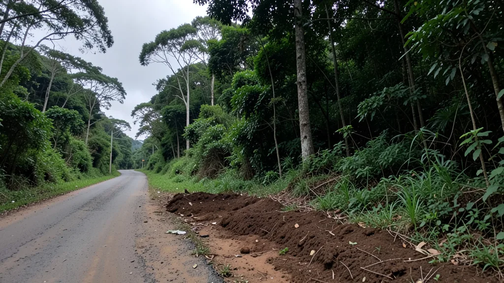 Imagem gerada por IA: Área de mata com terra revolvida perto de uma estrada em Jaboticatubas.