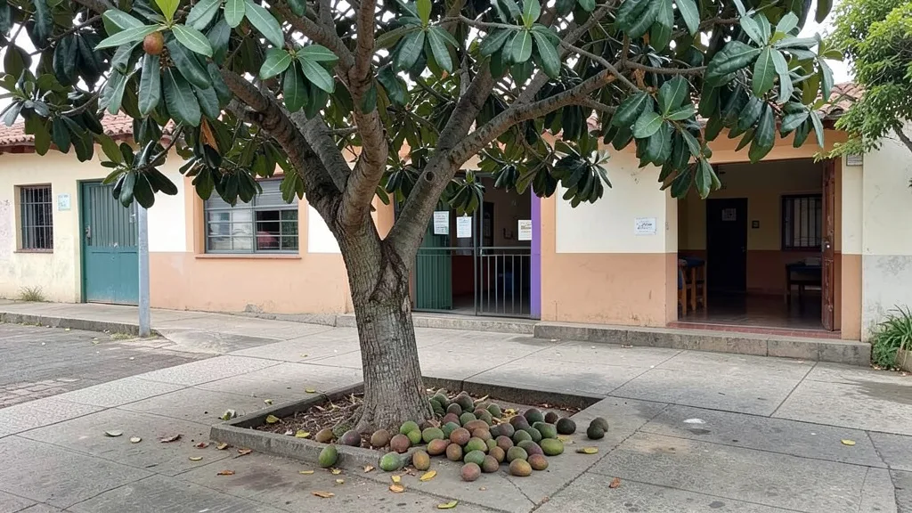 Imagem gerada por IA: Árvore de abacateiro na calçada diante de um jardim de infância em Quilmes.