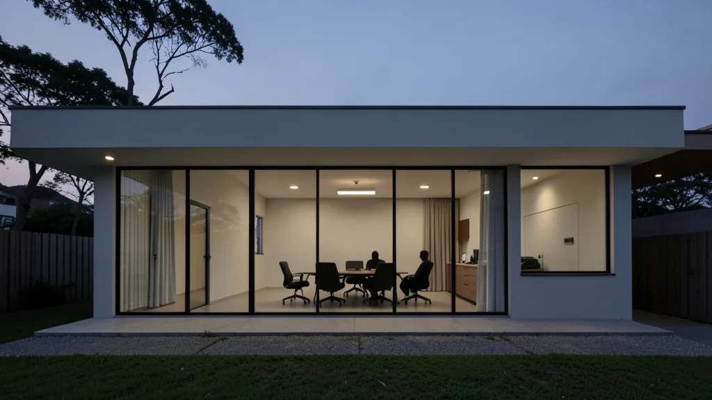 Residência moderna em Brasília com sala de reunião iluminada e silhuetas indistintas ao redor de uma mesa.