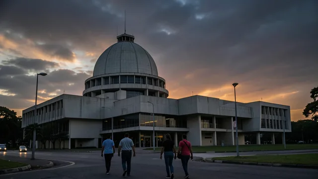 Congresso Nacional ao entardecer, com eleitores caminhando ao fundo.
