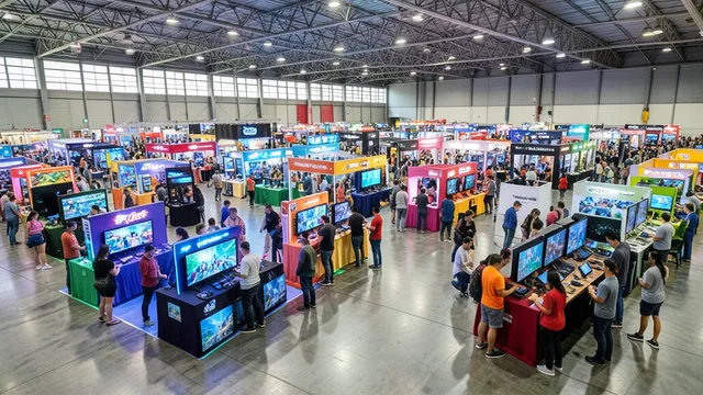 Imagem gerada por IA: Visitantes circulam por estandes de jogos em um amplo pavilhão de feira.