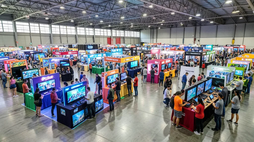 Imagem gerada por IA: Visitantes circulam por estandes de jogos em um amplo pavilhão de feira.