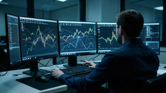 Imagem gerada por IA: Analista acompanha padrões abstratos de transações digitais em telas durante uma investigação de segurança.