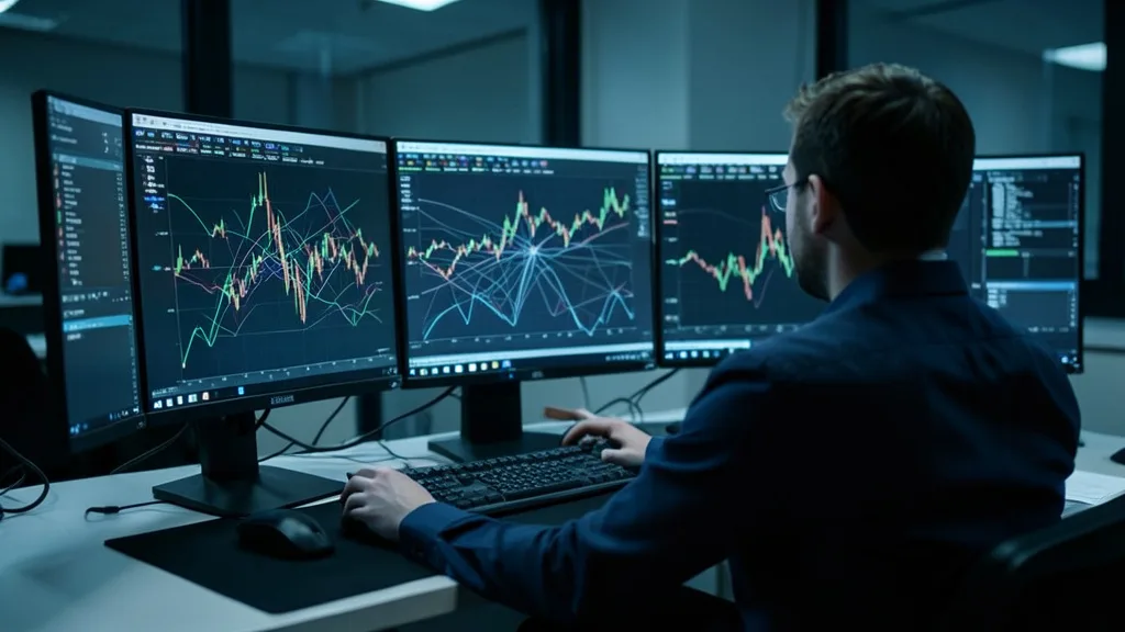 Imagem gerada por IA: Analista acompanha padrões abstratos de transações digitais em telas durante uma investigação de segurança.