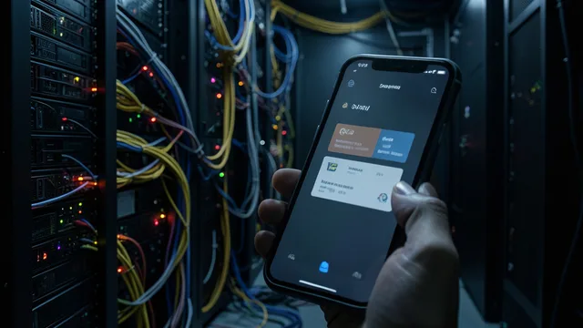 Imagem gerada por IA: Sala de servidores e celular com uma carteira digital genérica, em referência à investigação de segurança da Binance.