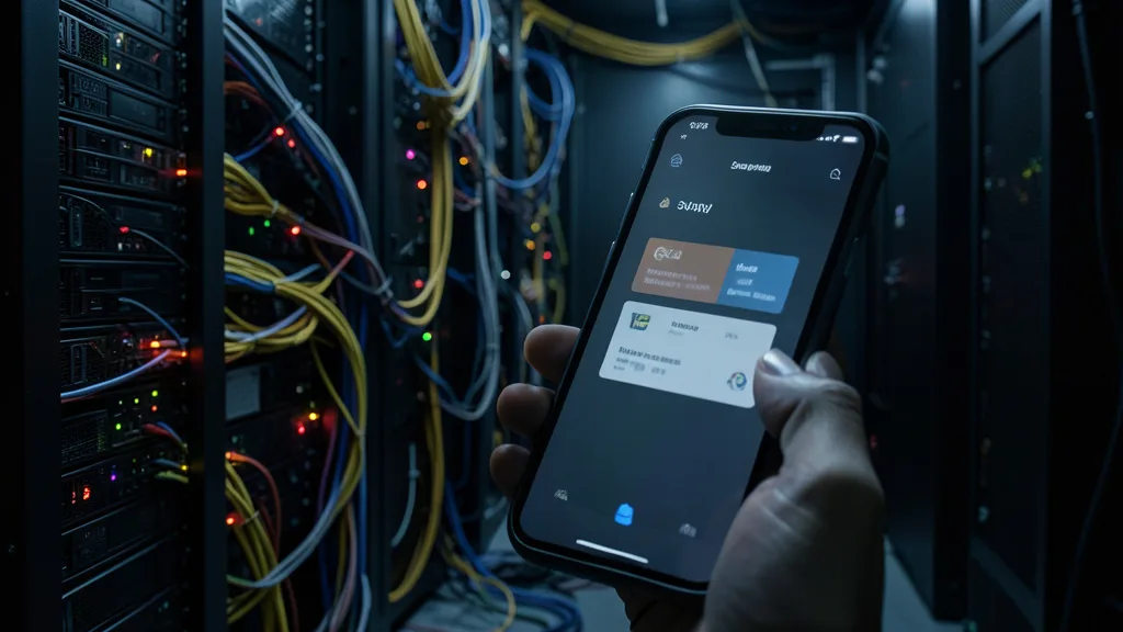 Imagem gerada por IA: Sala de servidores e celular com uma carteira digital genérica, em referência à investigação de segurança da Binance.