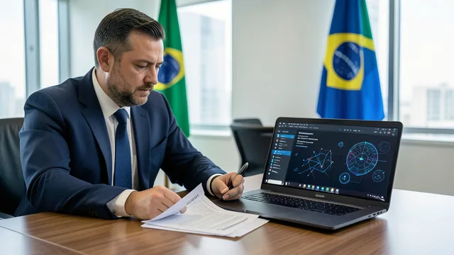 Imagem gerada por IA: Profissional analisa documentos sobre regulação de criptomoedas em um escritório.