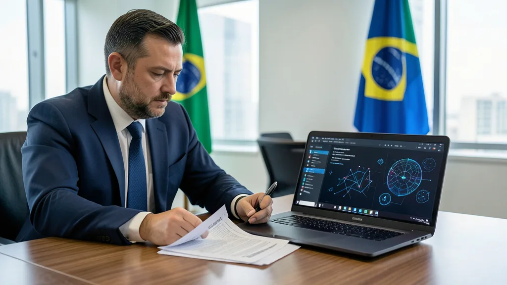 Imagem gerada por IA: Profissional analisa documentos sobre regulação de criptomoedas em um escritório.