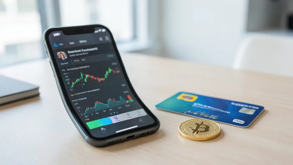 Imagem gerada por IA: Celular com uma interface genérica de negociação de criptomoedas ao lado de um cartão bancário e uma moeda digital.