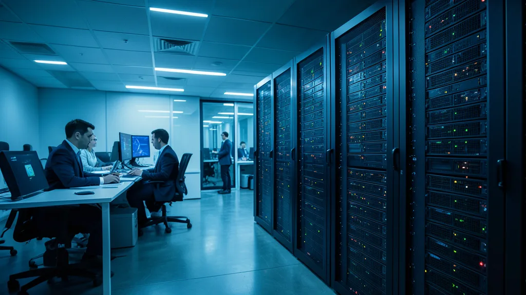 Imagem gerada por IA: Servidores em uma sala de segurança digital associados à proteção de criptoativos.