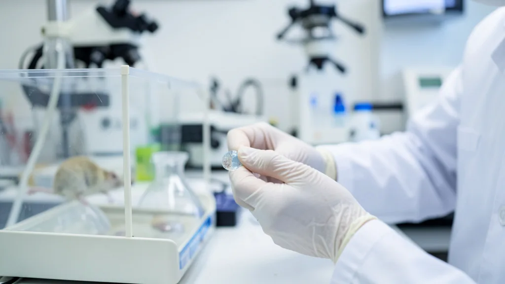 Pesquisador examina uma amostra de biomaterial em laboratório, com equipamentos e uma área de pesquisa animal ao fundo.