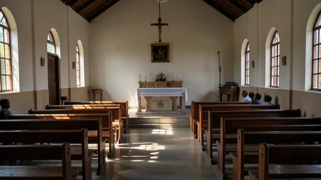 Imagem gerada por IA: Interior de uma catedral na Tanzânia preparada para uma missa em memória das vítimas da violência eleitoral.