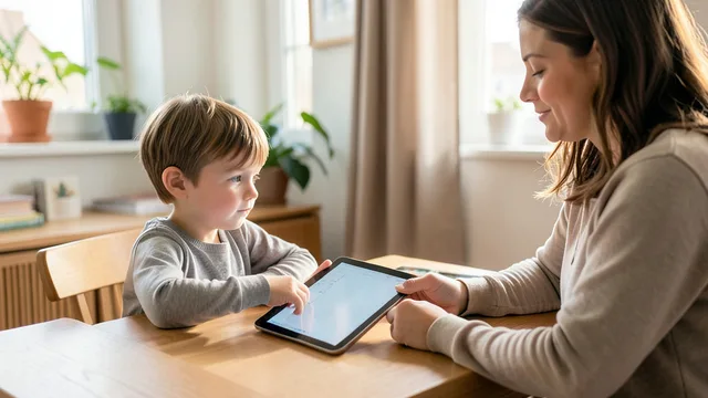Imagem gerada por IA: Criança usa um tablet enquanto um adulto acompanha a atividade.