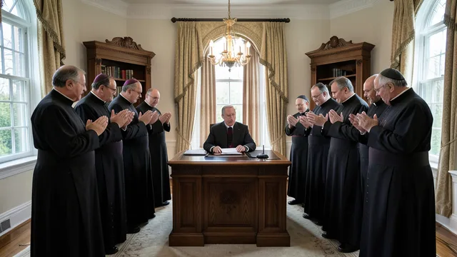 Imagem gerada por IA: Bispos católicos reunidos em oração no Salão Oval da Casa Branca.