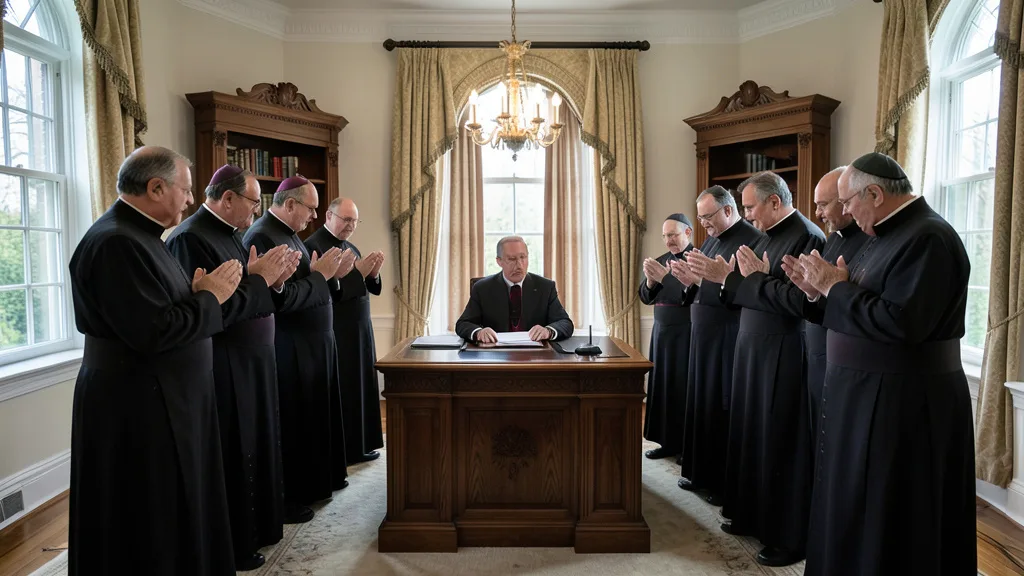 Imagem gerada por IA: Bispos católicos reunidos em oração no Salão Oval da Casa Branca.