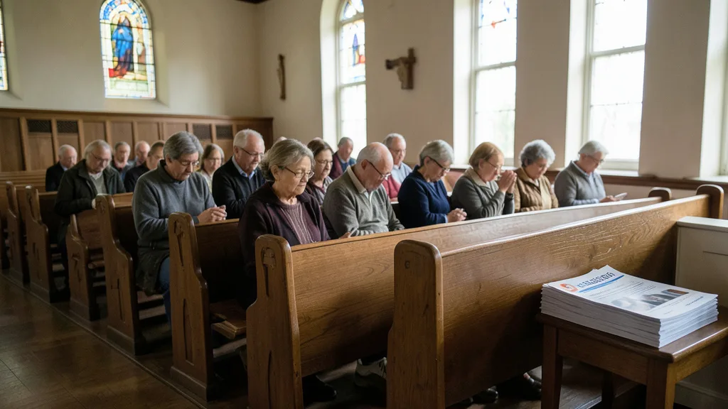Imagem gerada por IA: Fiéis rezam em uma igreja ao lado de folhetos eleitorais sem identificação.