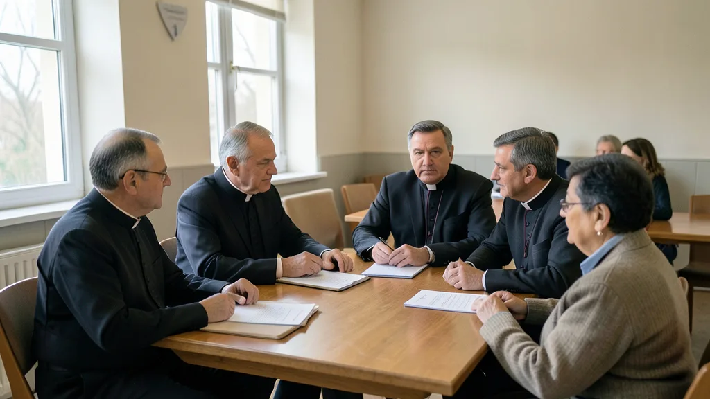 Imagem gerada por IA: Bispos e famílias imigrantes conversam em uma sala comunitária sobre proteções migratórias.