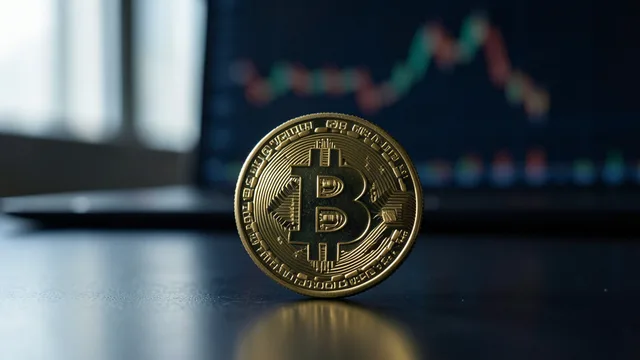 Imagem gerada por IA: Token dourado de bitcoin em primeiro plano, com ambiente financeiro desfocado ao fundo.