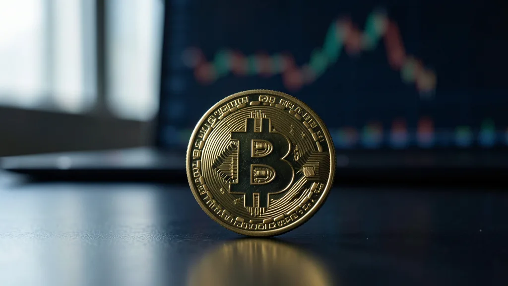 Imagem gerada por IA: Token dourado de bitcoin em primeiro plano, com ambiente financeiro desfocado ao fundo.