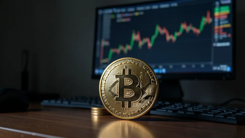 Imagem gerada por IA: Representação física de bitcoin sobre uma mesa de operações, com telas desfocadas ao fundo.