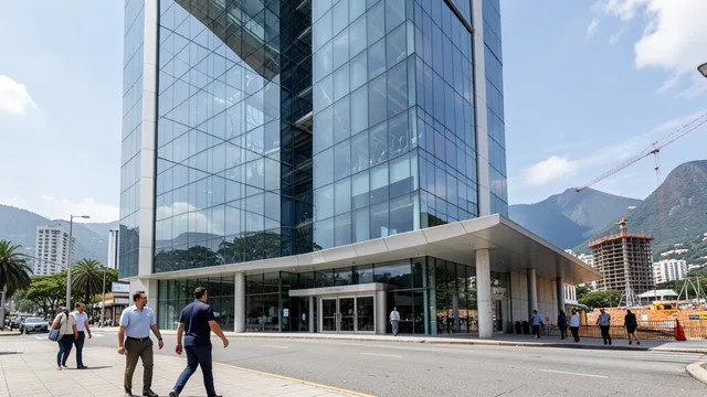 Imagem gerada por IA: Sede de um banco de desenvolvimento em meio a edifícios e obras urbanas.