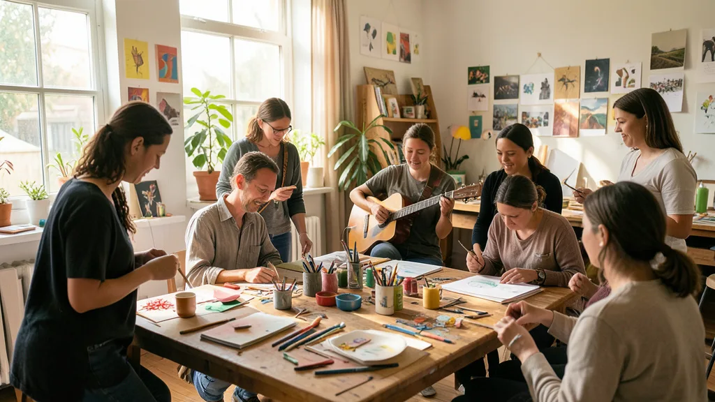 Imagem gerada por IA: Artistas de diferentes perfis colaboram em um espaço cultural comunitário.