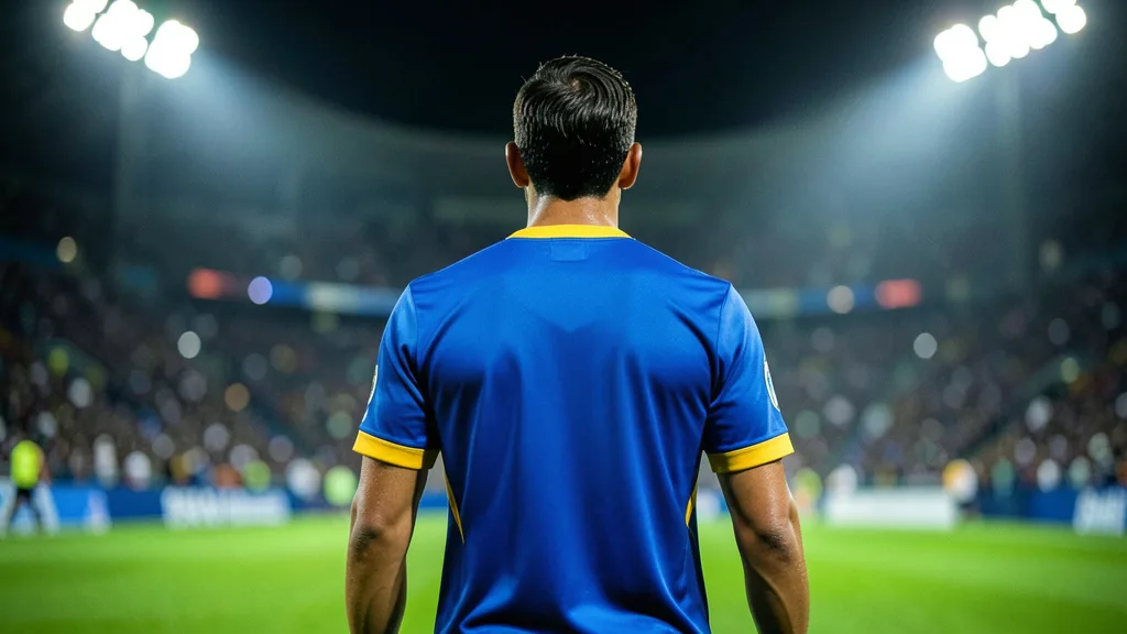 Imagem gerada por IA: Jogador com camisa azul e dourada em campo, diante de arquibancadas cheias.
