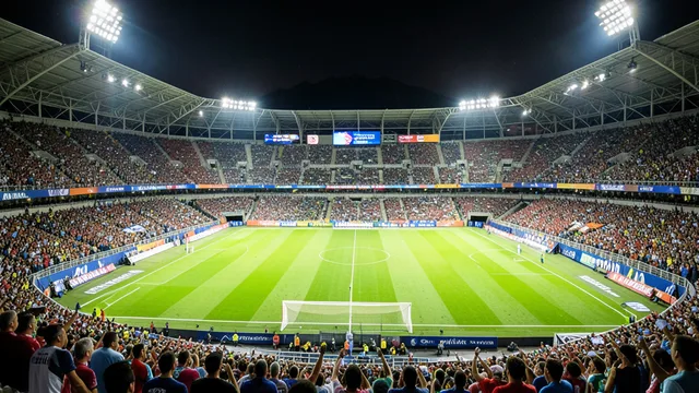 Imagem gerada por IA: Vista noturna do Maracanã iluminado antes de uma partida de futebol.