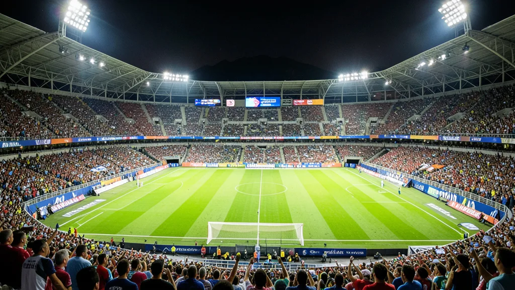 Imagem gerada por IA: Vista noturna do Maracanã iluminado antes de uma partida de futebol.