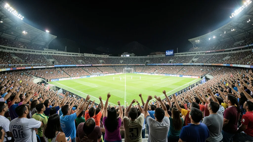 Imagem gerada por IA: Torcedores em um estádio lotado durante uma partida de futebol à noite.