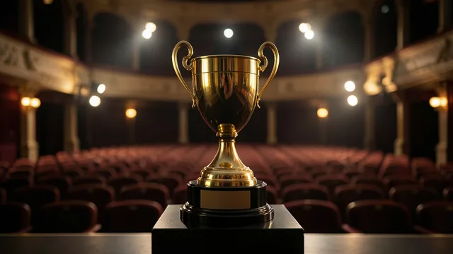 Imagem gerada por IA: Troféu dourado em um teatro preparado para uma cerimônia de premiação.