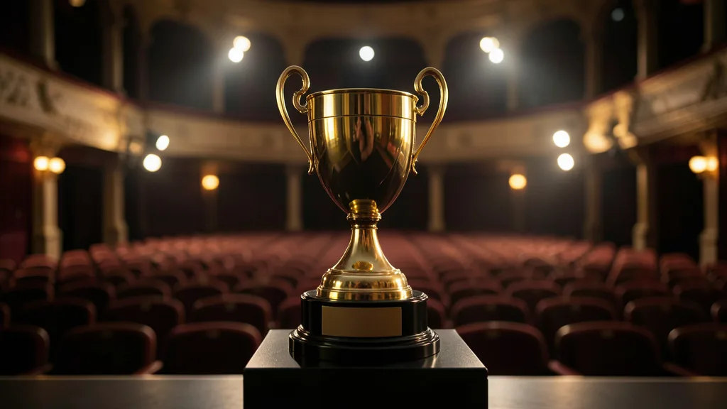 Imagem gerada por IA: Troféu dourado em um teatro preparado para uma cerimônia de premiação.