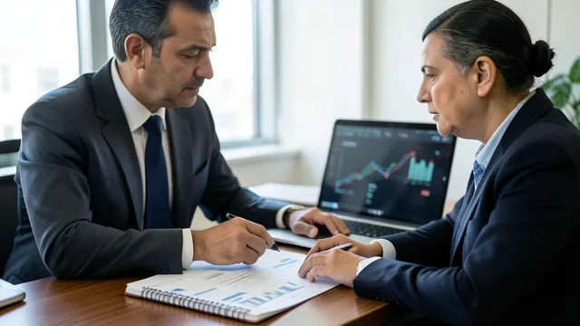 Imagem gerada por IA: Economista analisa projeções econômicas em uma mesa de escritório.