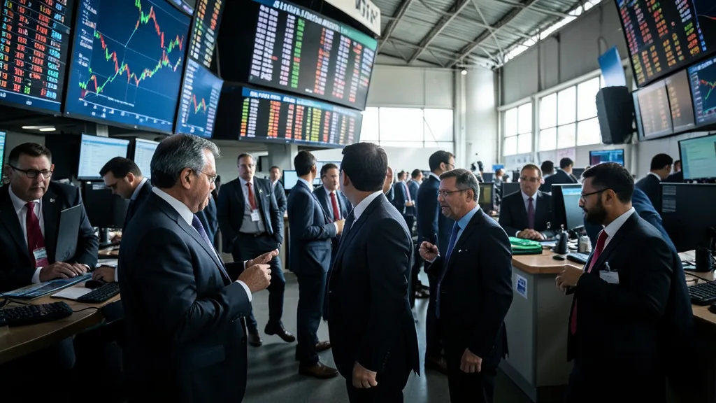 Imagem gerada por IA: Operadores acompanham a movimentação do mercado em um pregão da bolsa.