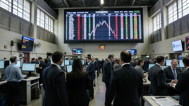 Imagem gerada por IA: Investidores acompanham as oscilações do mercado em um pregão da Bolsa.