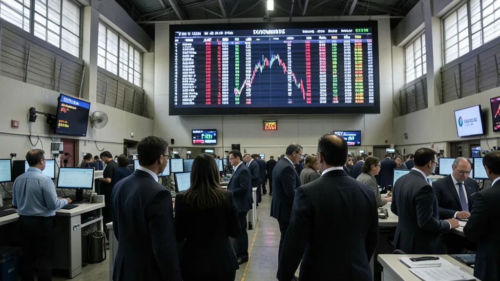 Imagem gerada por IA: Investidores acompanham as oscilações do mercado em um pregão da Bolsa.