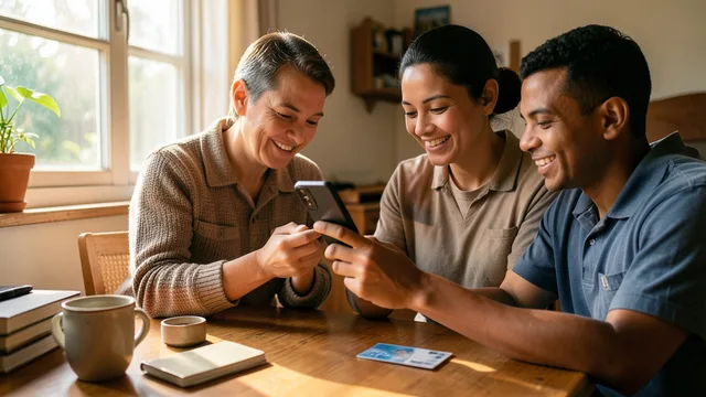 Imagem gerada por IA: Família consulta o pagamento de um benefício social pelo celular em casa.