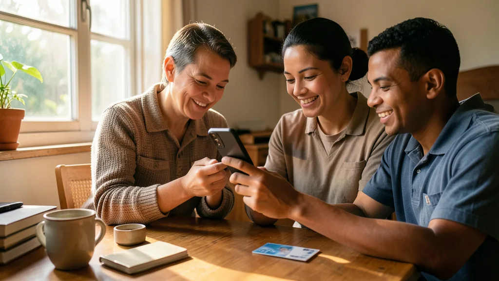 Imagem gerada por IA: Família consulta o pagamento de um benefício social pelo celular em casa.