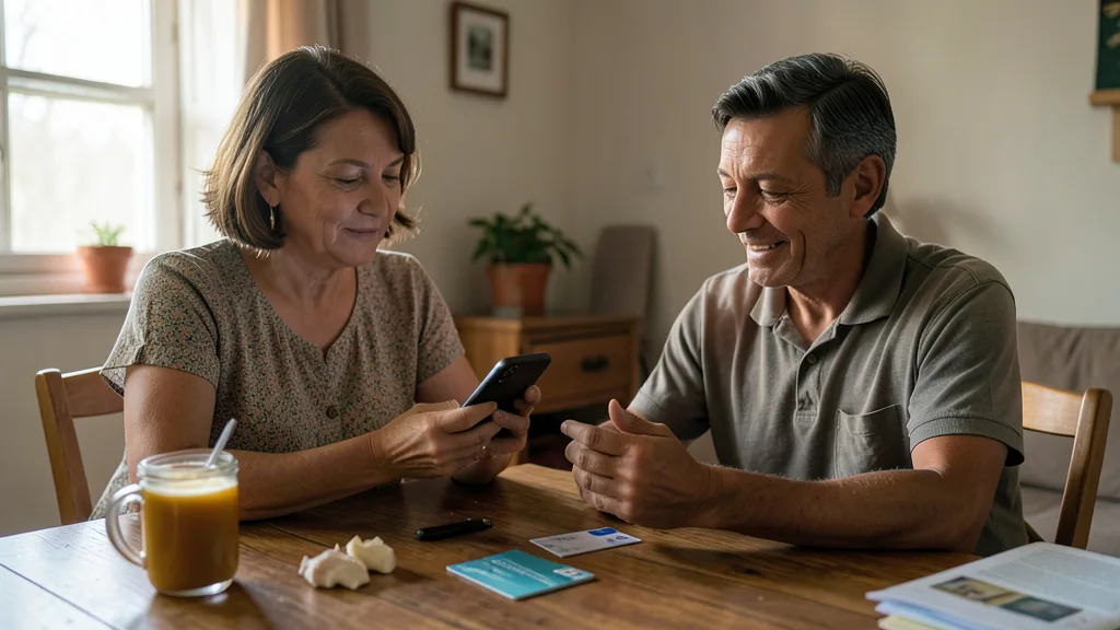 Imagem gerada por IA: Família brasileira confere o pagamento de benefício social pelo celular em casa.
