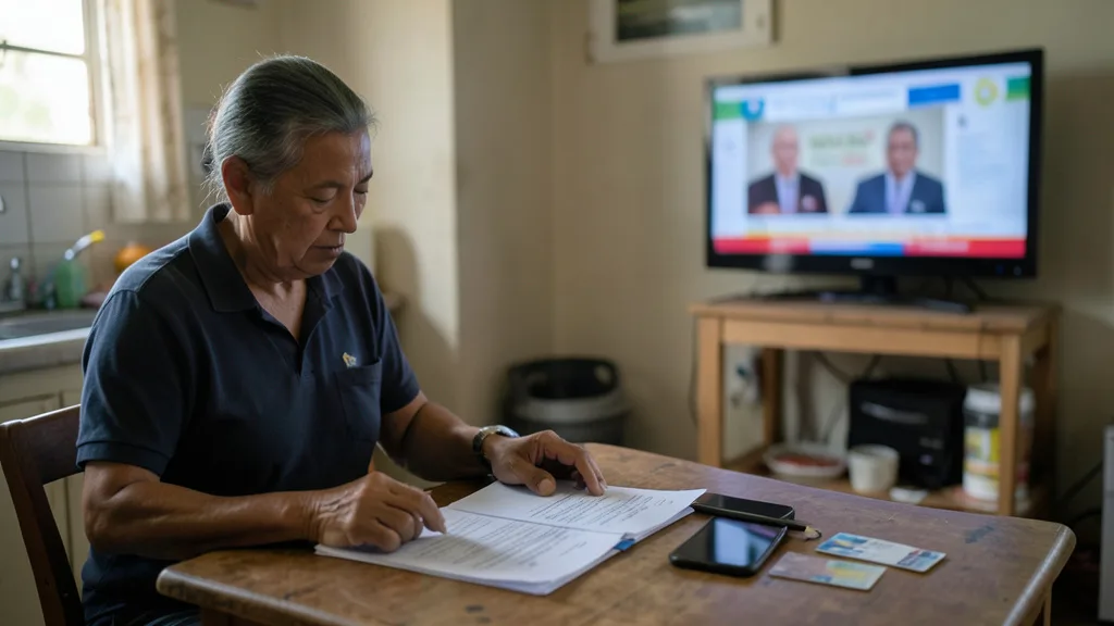 Imagem gerada por IA: Pessoa consulta documentos e um cartão sobre a mesa, com uma cena eleitoral desfocada ao fundo.