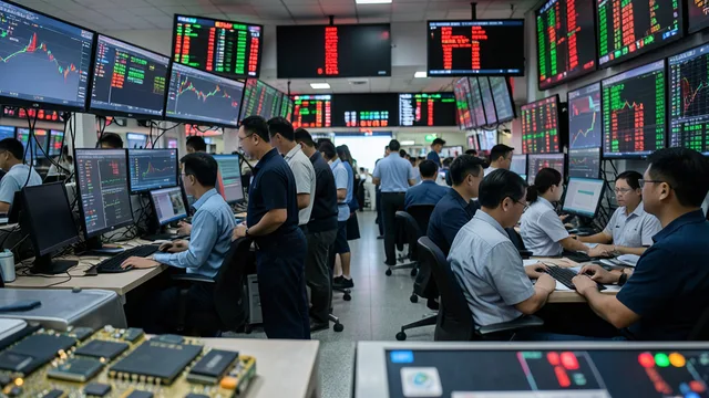 Imagem gerada por IA: Pregão de uma bolsa asiática com operadores e componentes de chips em primeiro plano.