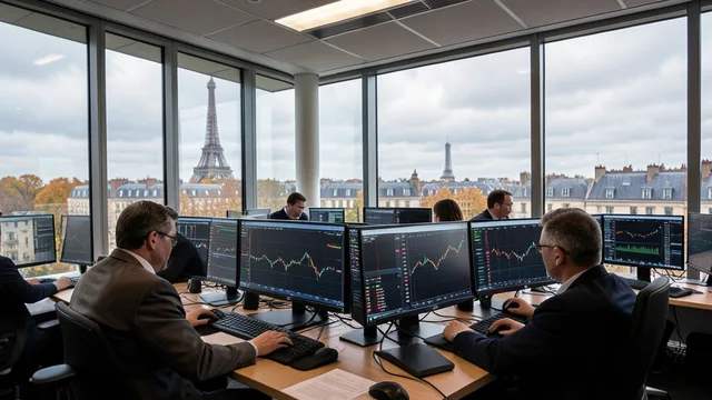 Imagem gerada por IA: Operadores acompanham os mercados em uma bolsa europeia, com a silhueta de Paris ao fundo.