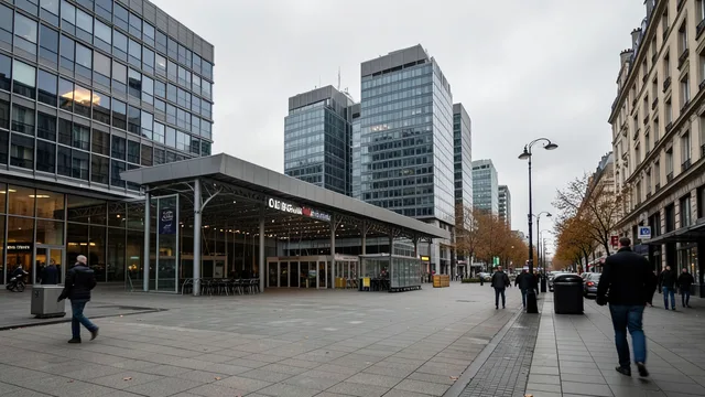 Imagem gerada por IA: Área financeira de Paris ao fim do pregão, com prédios comerciais sob céu nublado.