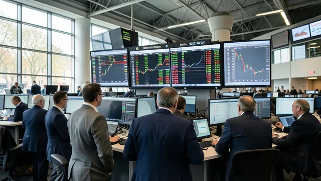 Imagem gerada por IA: Operadores acompanham as negociações em uma bolsa de valores europeia.