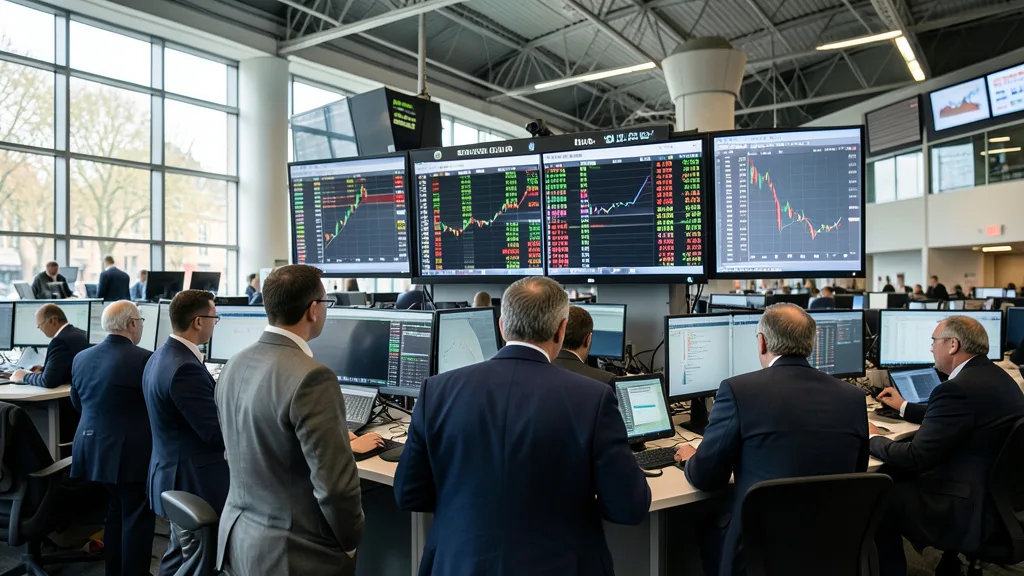 Imagem gerada por IA: Operadores acompanham as negociações em uma bolsa de valores europeia.