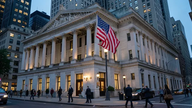 Imagem gerada por IA: Fachada da Bolsa de Nova York ao fim do pregão, com a bandeira dos Estados Unidos.